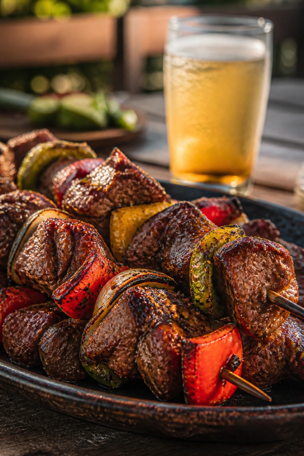 Close-up of grilled skewers with a condensation-coated drink blurred in the background