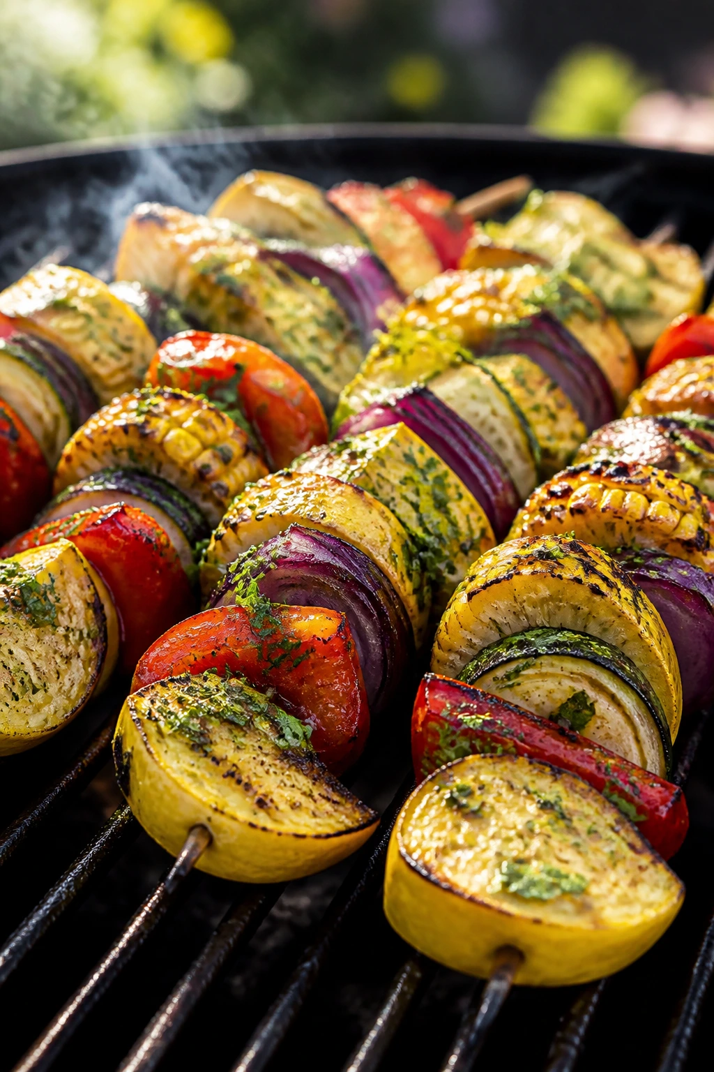 Close-up cilantro-lime squash and corn skewers on grill with char marks