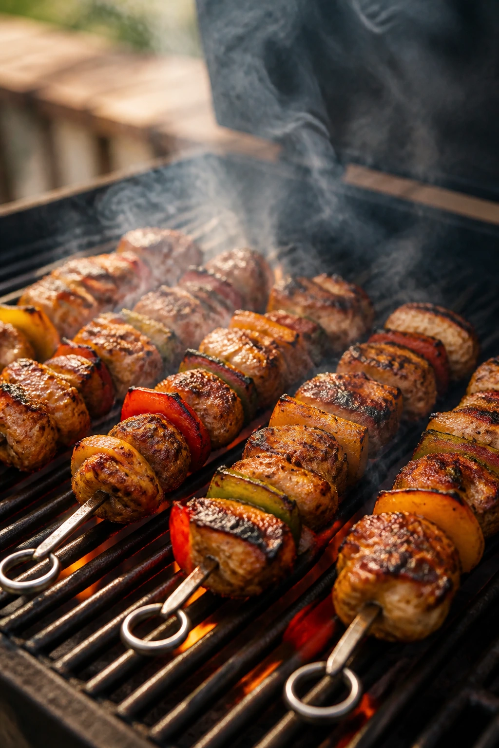 Close-up of skewers cooking on a grill with smoke in a backyard