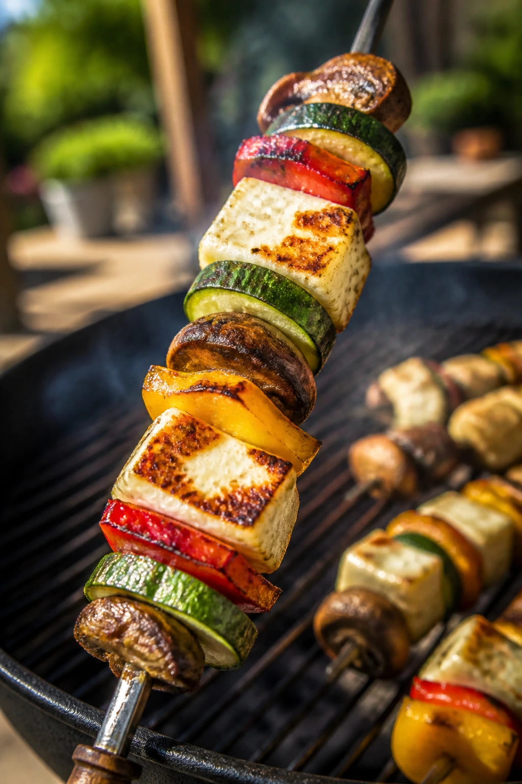 Colorful halloumi and veggie skewers on a grill in a sunny backyard