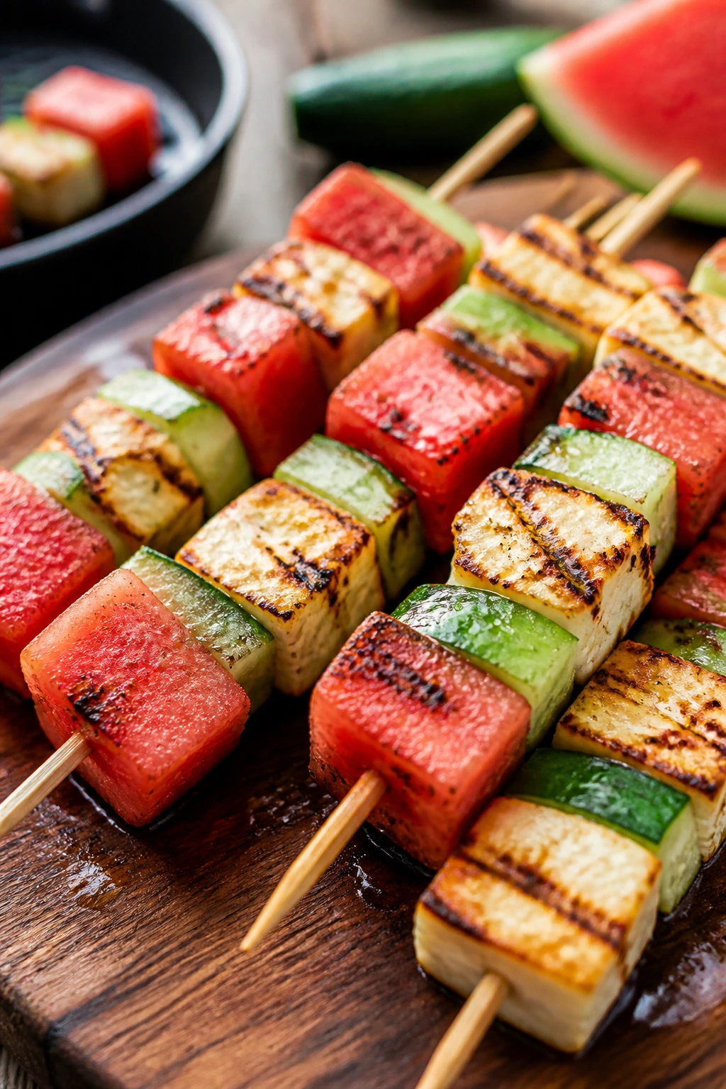 Close-up of grilled halloumi, watermelon, and cucumber skewers on a wooden board at a sunny picnic