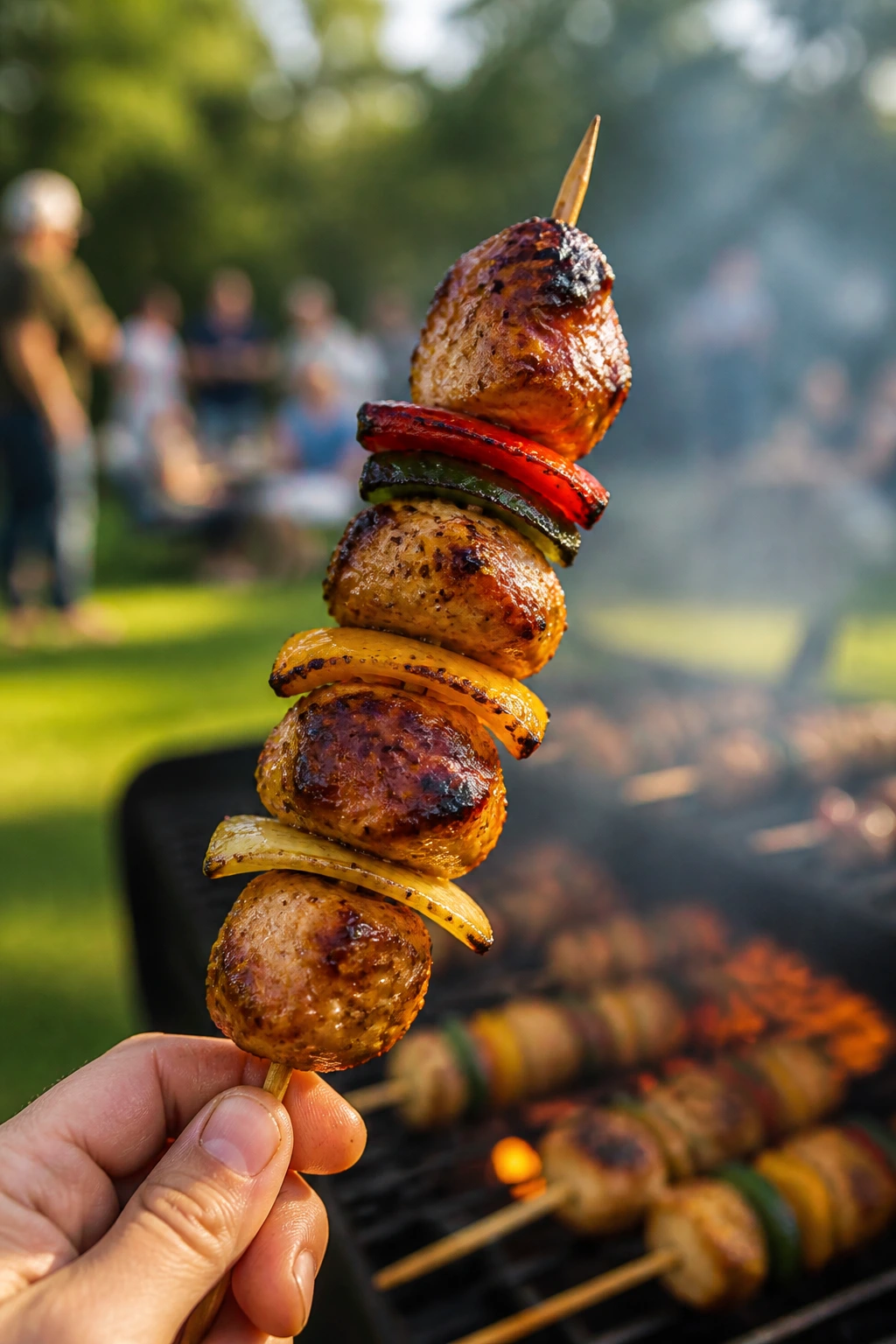 Skewer with chicken and peppers held in a hand outdoors