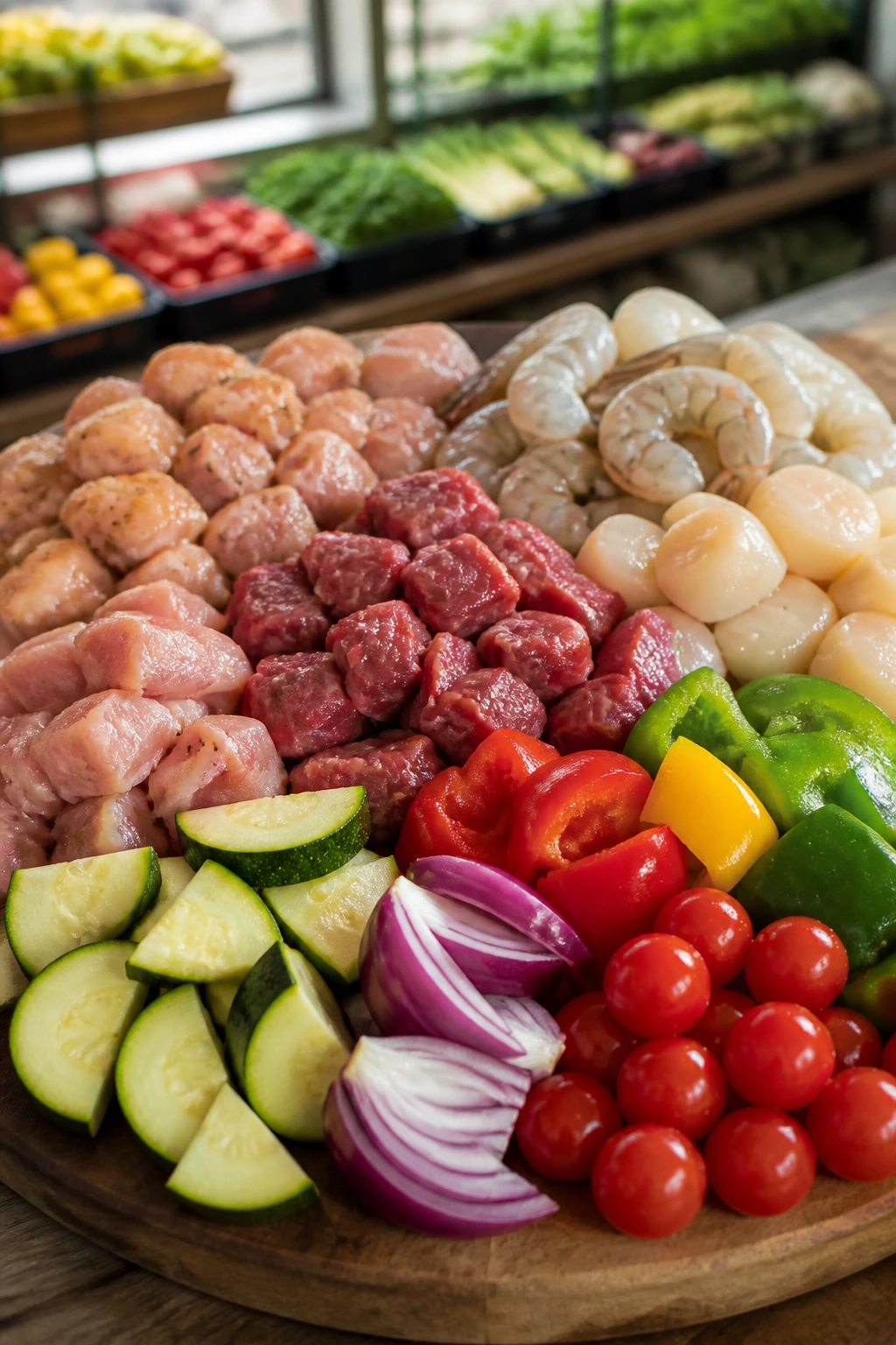 Close-up of fresh ingredients for skewers on a wooden board, showing chicken, beef, seafood and vegetables ready for grilling.
