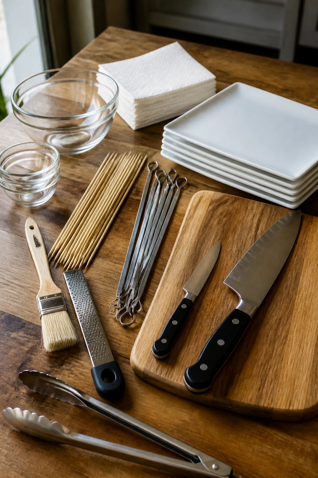 Essential skewering and prep tools neatly arranged on a wooden counter