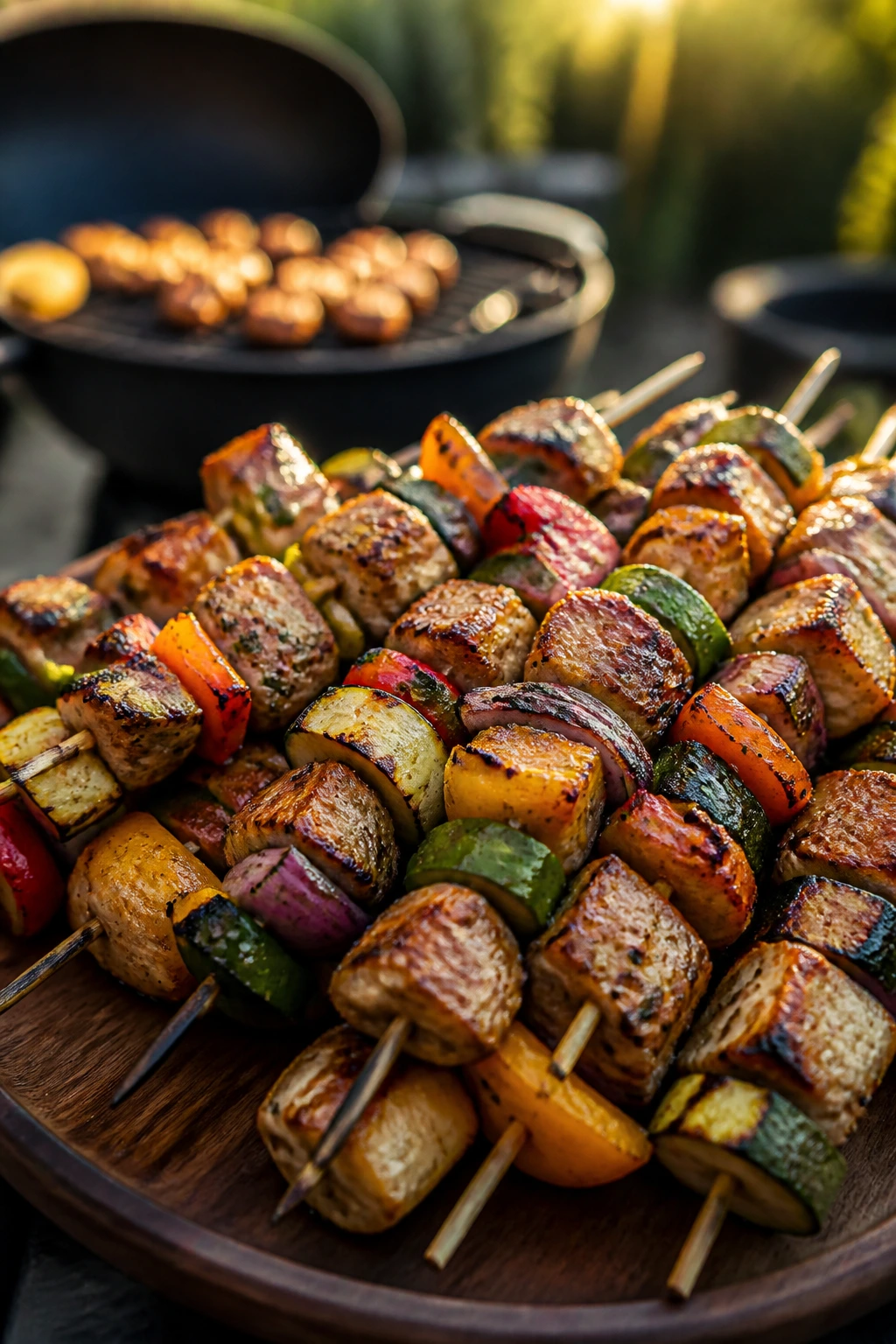 Close-up of a colorful skewers platter with grilled meat and vegetables on a wooden board at golden hour