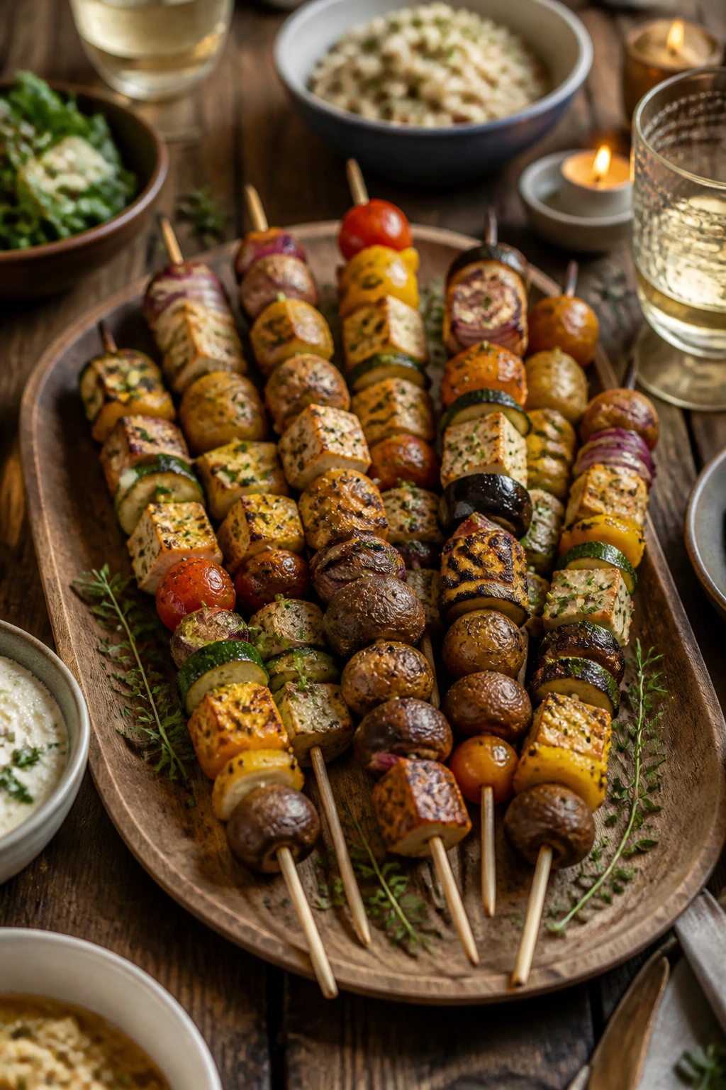 Skewers arranged on a long serving platter ready to serve