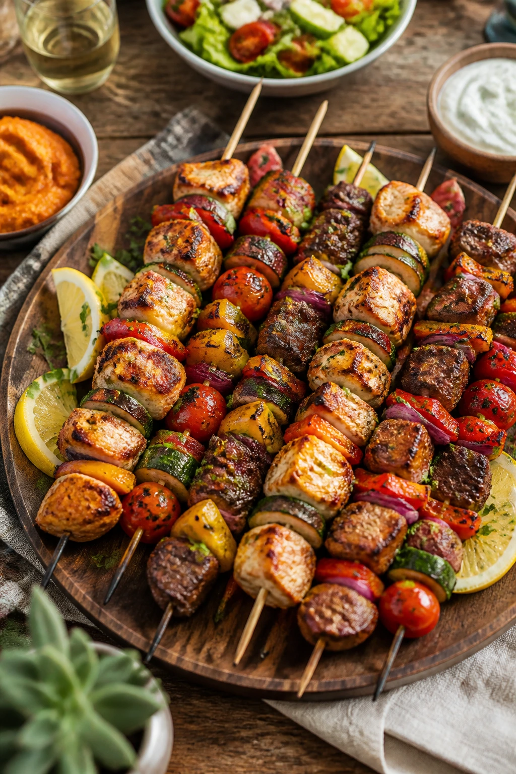 Skewers neatly arranged on a wooden platter ready to serve