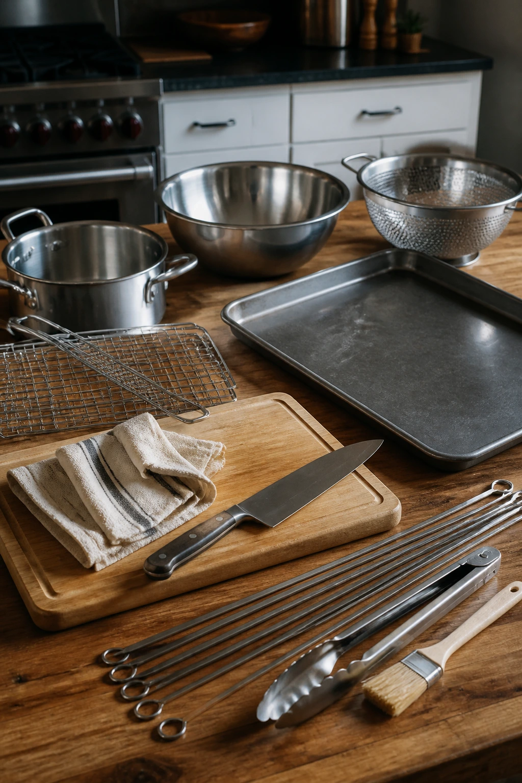 Still-life of essential skewering equipment on a kitchen counter