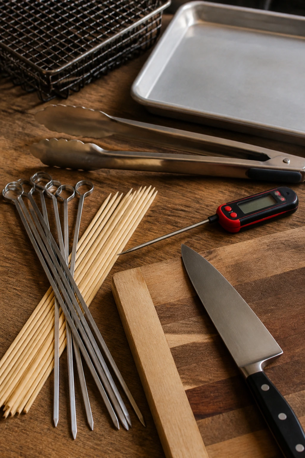 Tools for skewers laid out on a wooden surface