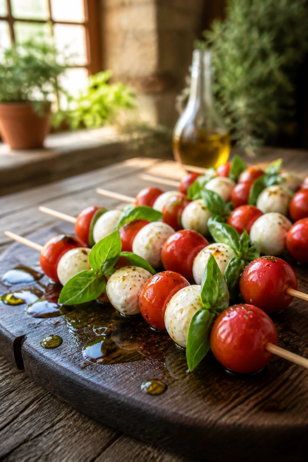Caprese skewers on a Tuscan-style wooden table highlighting the format's effectiveness