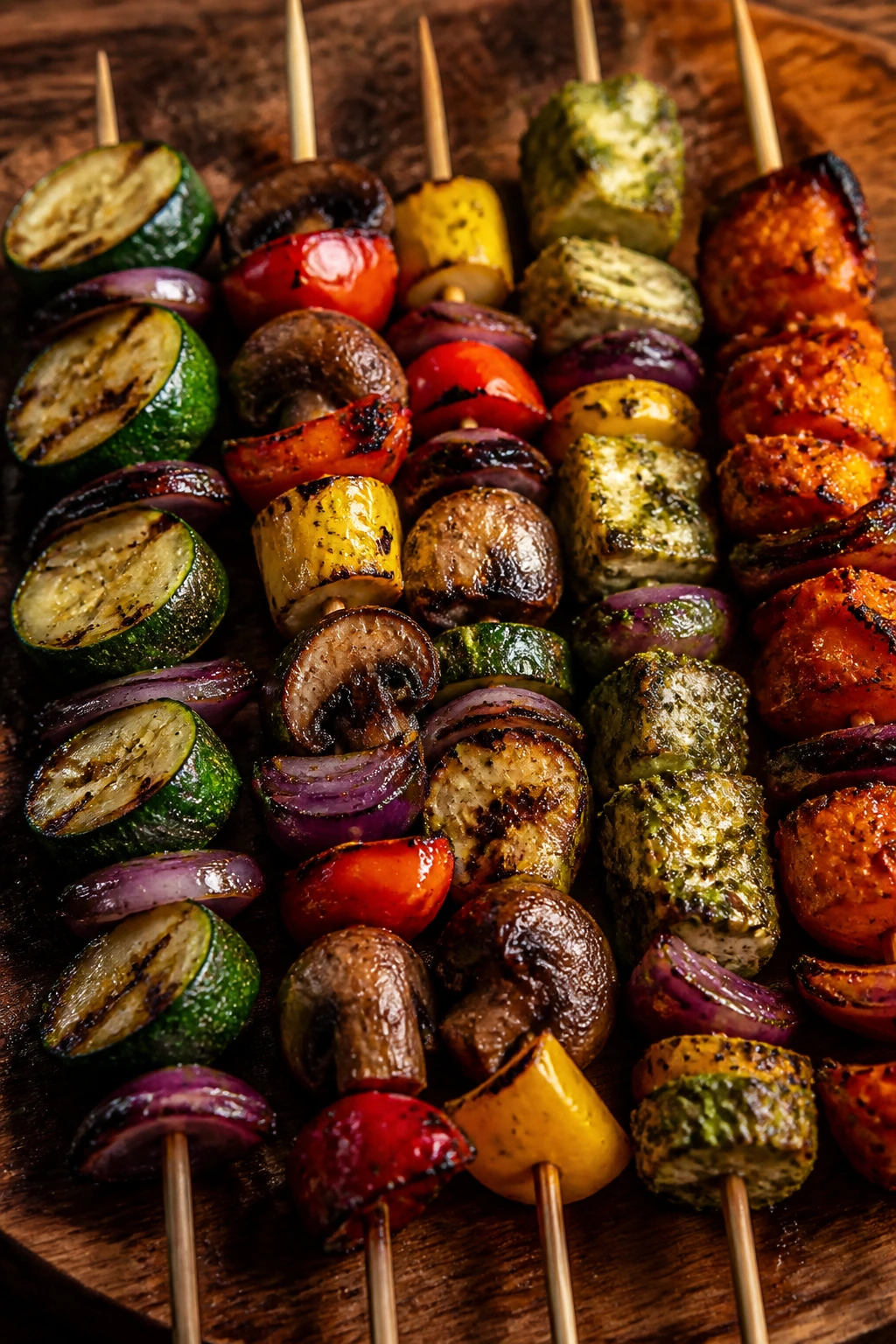 Colorful skewers showing variations in glaze and char