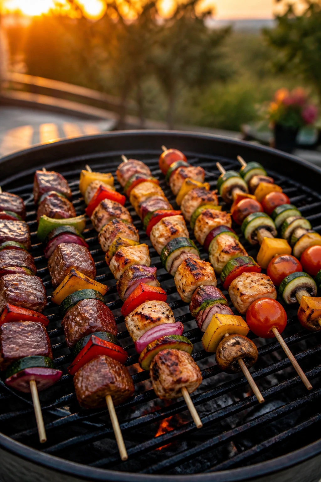 Outdoor grill with skewers showing variations and adaptations