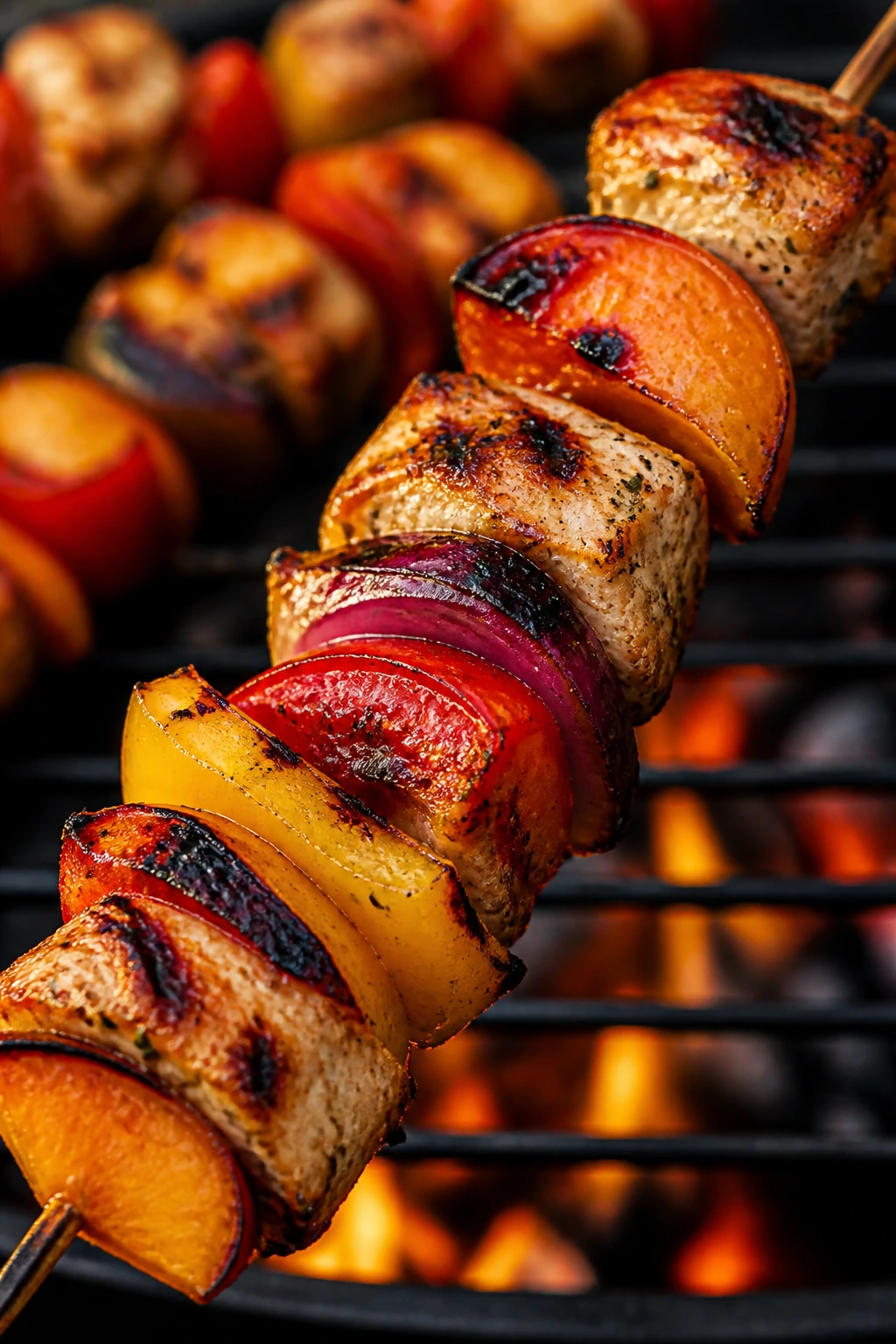 Colorful skewers with chicken, peppers, onions, and peaches on a grill