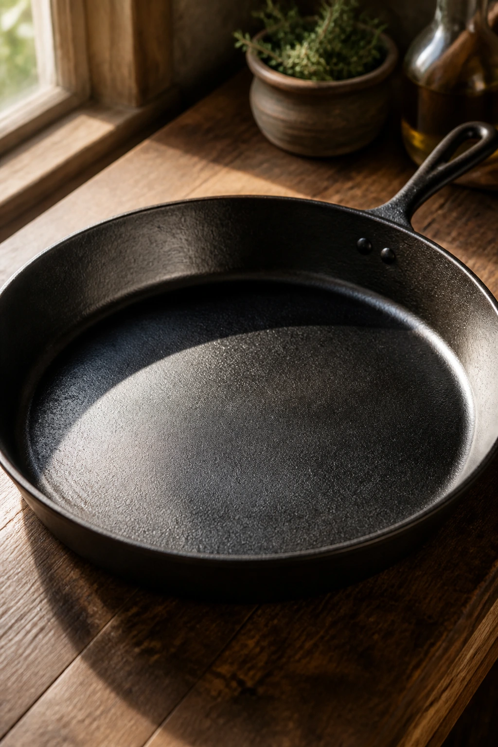 Close-up of a shiny 12-inch skillet on a wooden kitchen counter