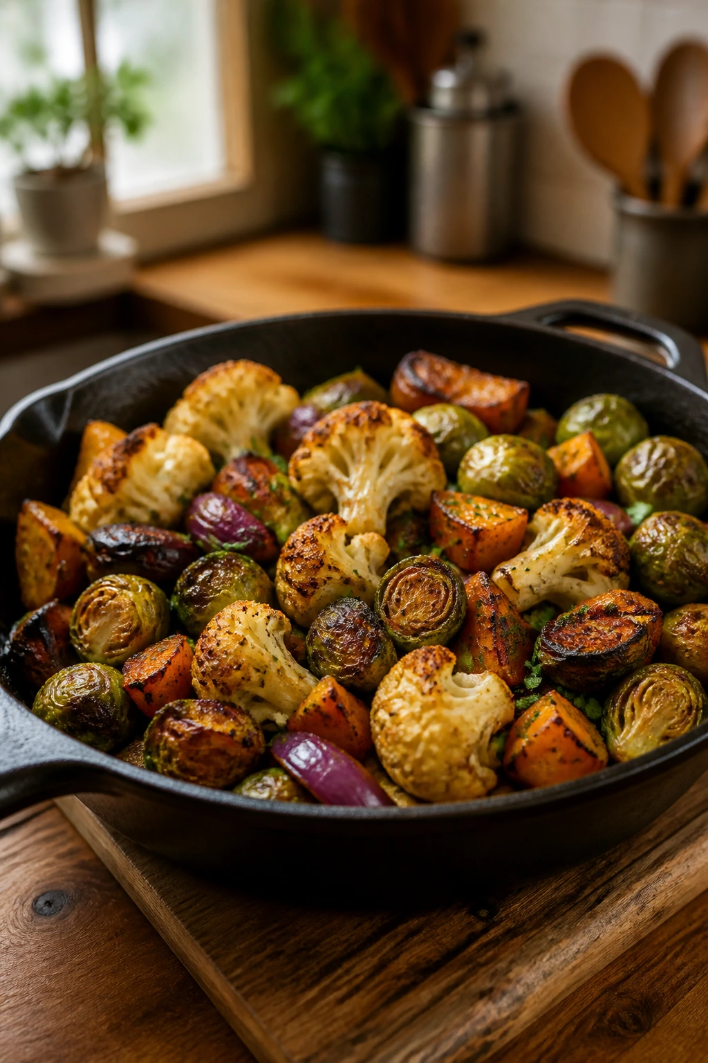 Cast-iron skillet filled with crispy roasted vegetables