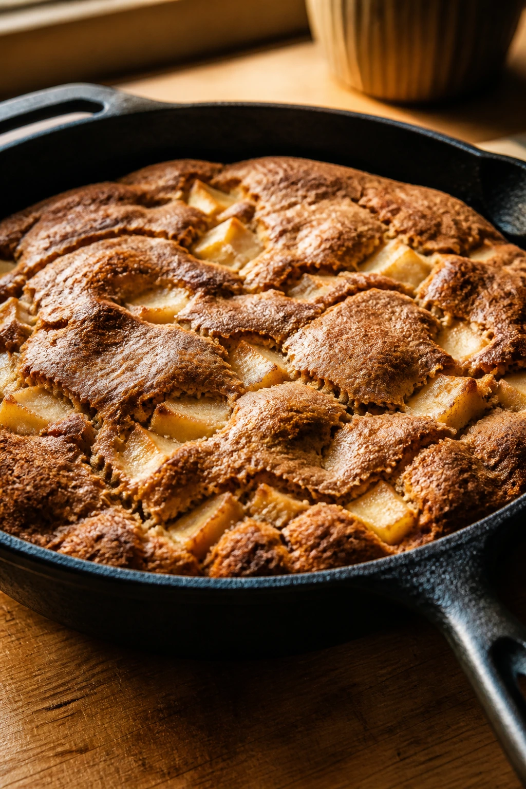 Close-up of skillet apple brownies in a cast-iron skillet with apple chunks