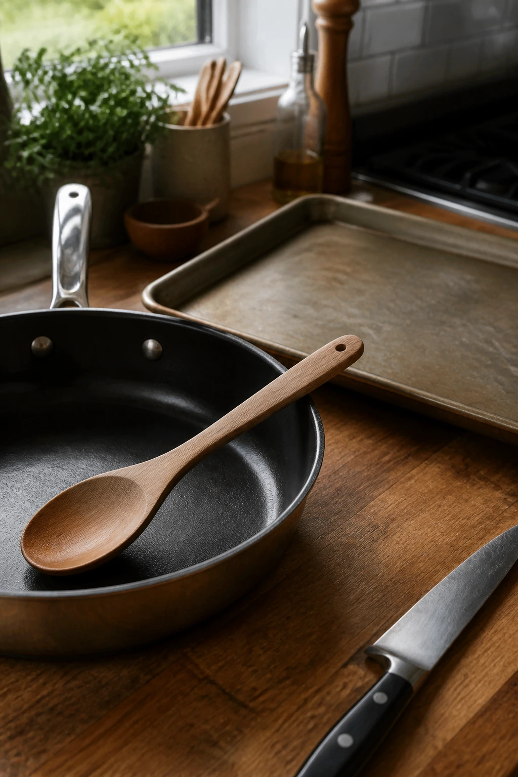 Skillet and baking sheet with wooden spoon on a kitchen counter