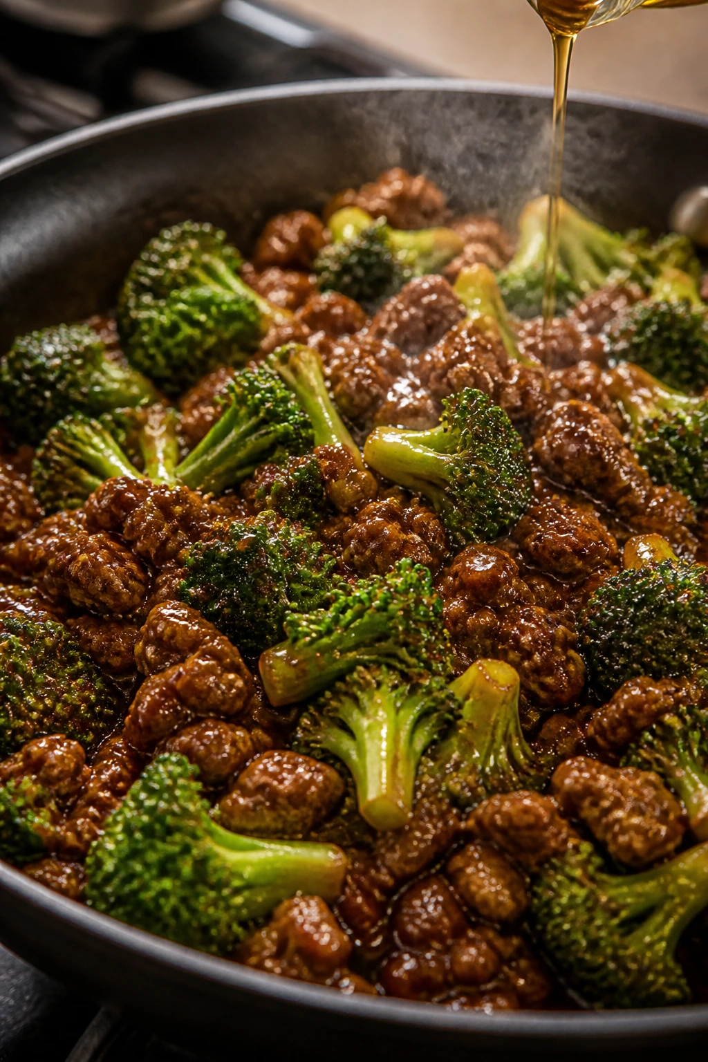 Beef and broccoli in a skillet with glossy glaze and sesame finish.