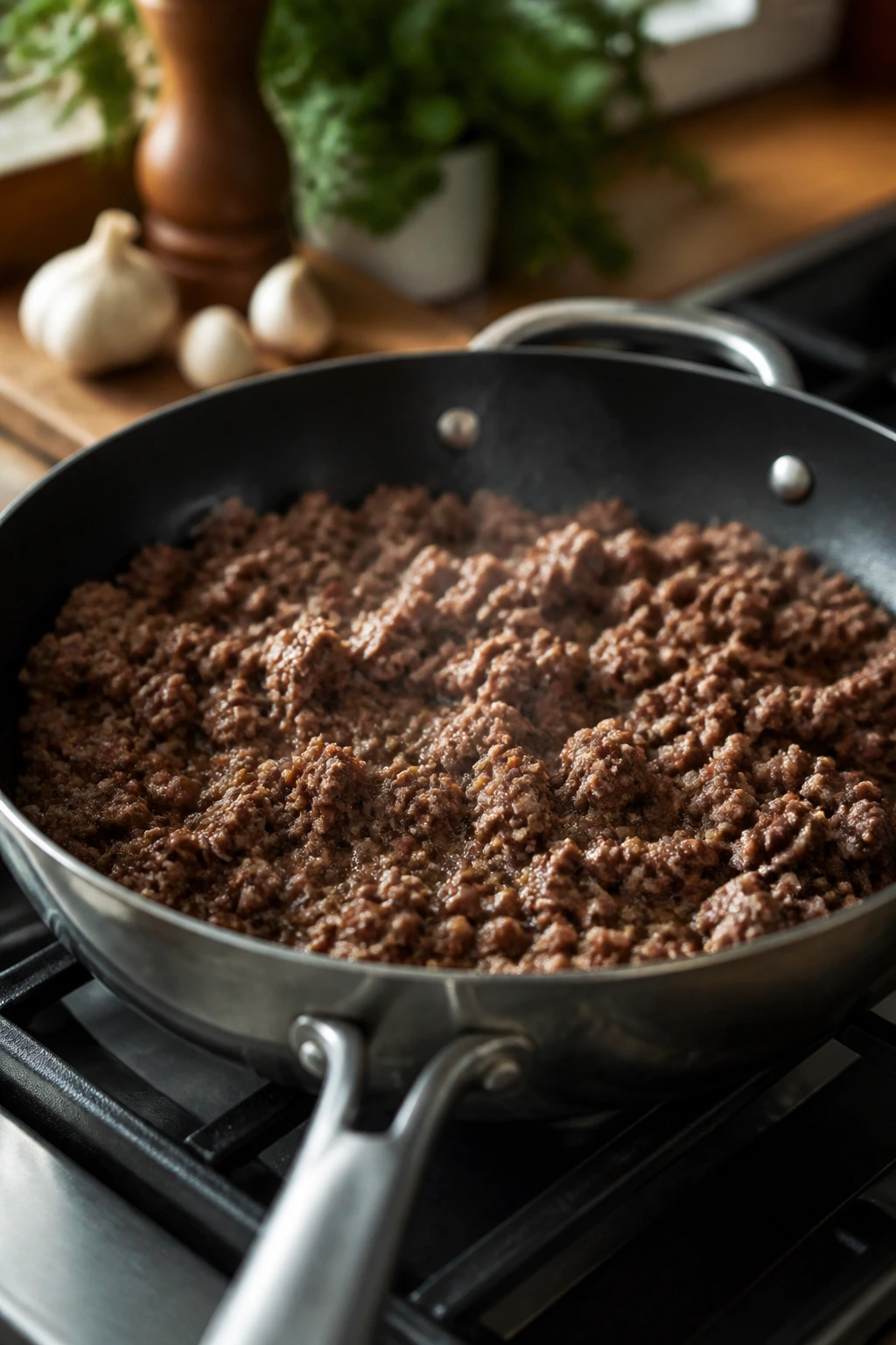 Close-up of a 12-inch skillet browning ground beef on a stove in a cozy kitchen