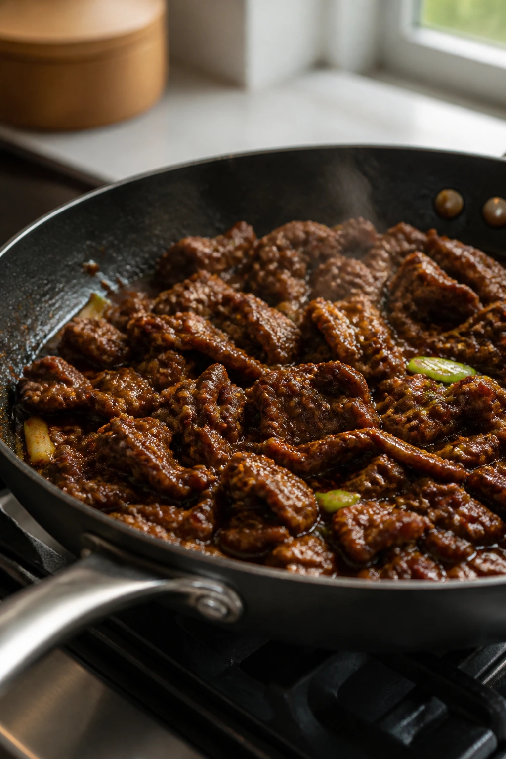 Close-up of a 12-inch skillet with browned beef on the stove