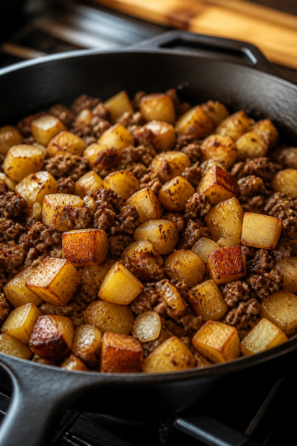 Close-up of browned beef and potatoes in skillet with glossy glaze