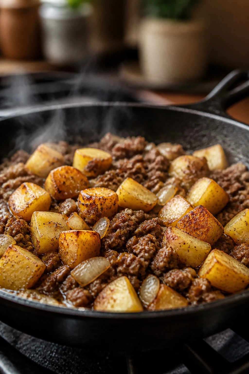 Close-up of a one-pan skillet dinner with beef and potatoes