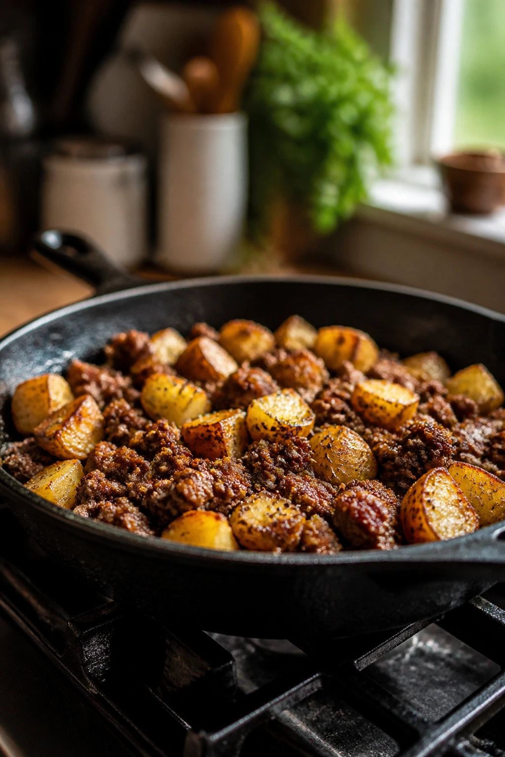 Close-up of skillet with browned beef and potatoes on a stove