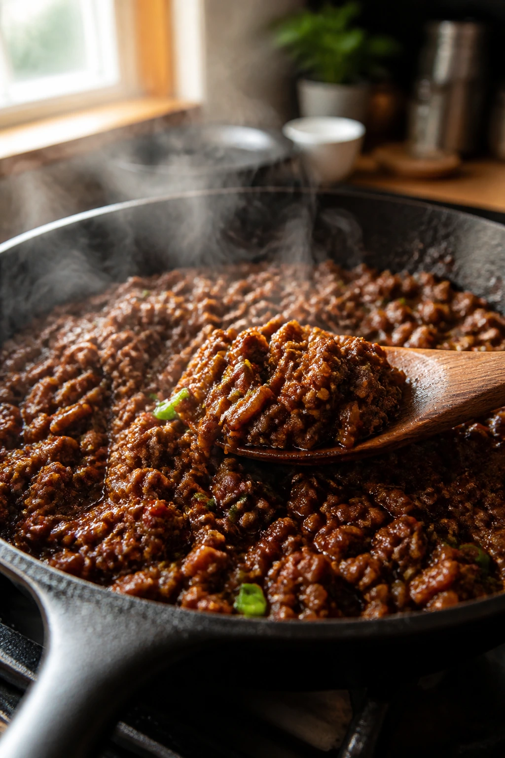 Close-up of glossy beef skillet with steam in a cozy kitchen