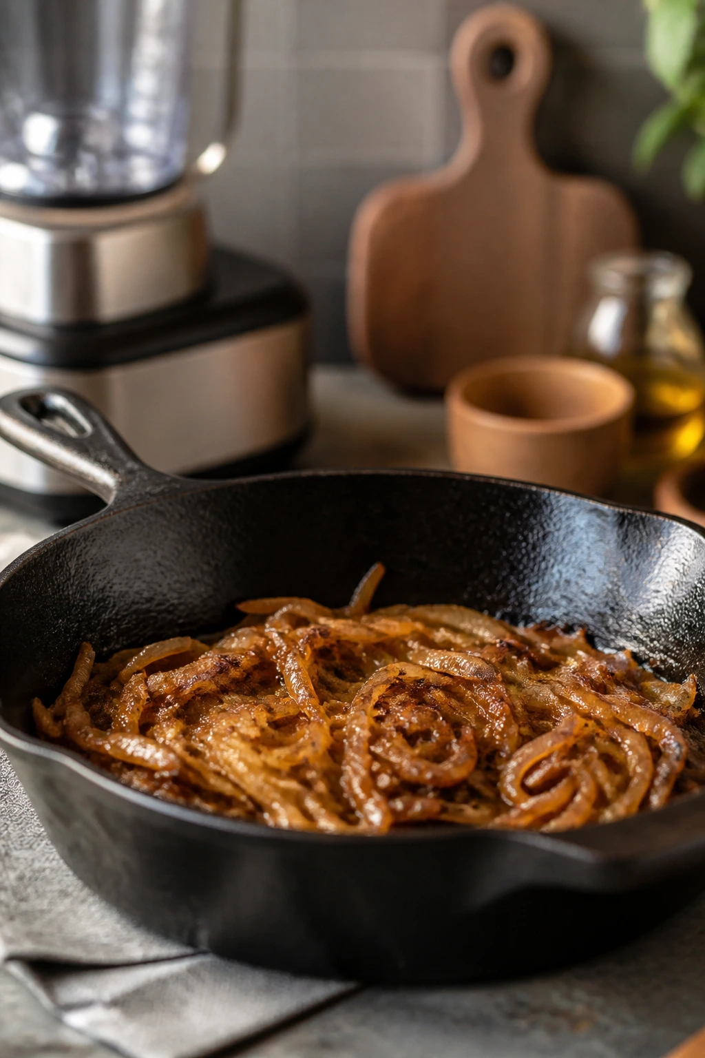 Heavy skillet browning onions, a visual representation of cooking tools