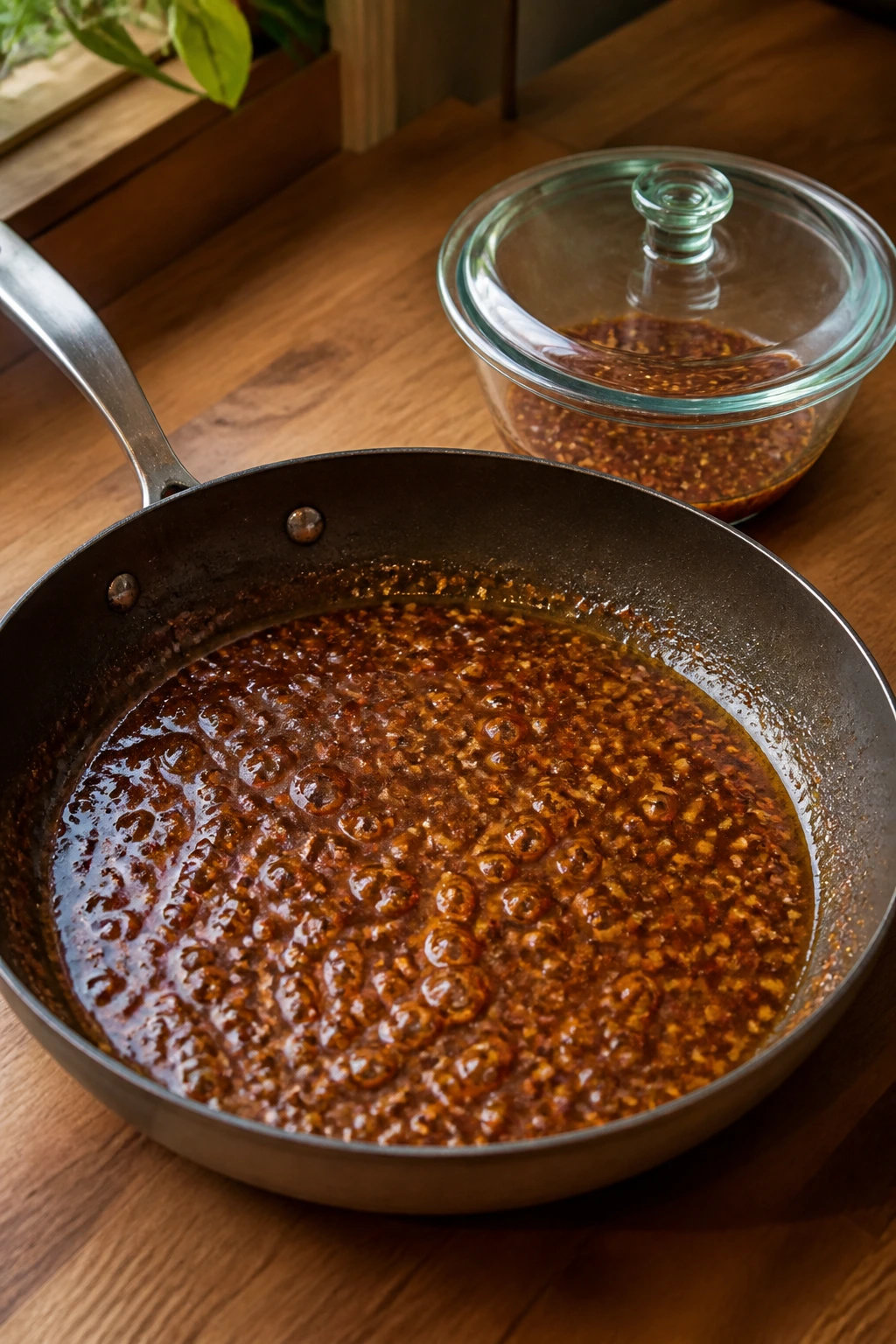 Close-up of a skillet and a glass heatproof bowl with glossy reduction sauce on a kitchen counter