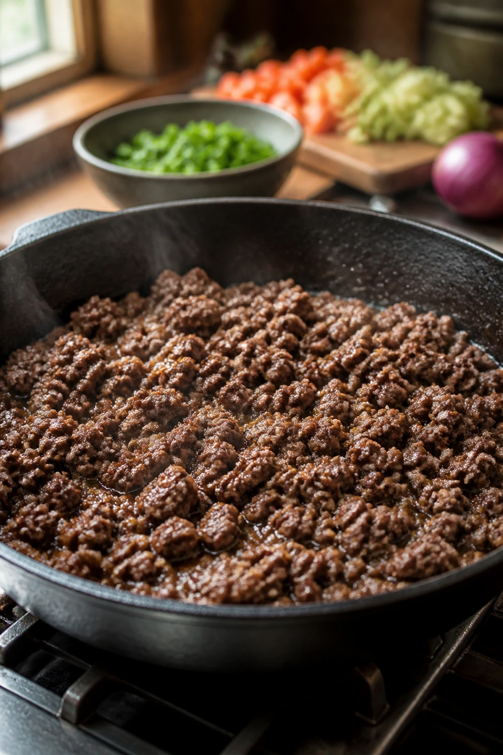 Close-up of a large skillet browning beef on a stove in a home kitchen