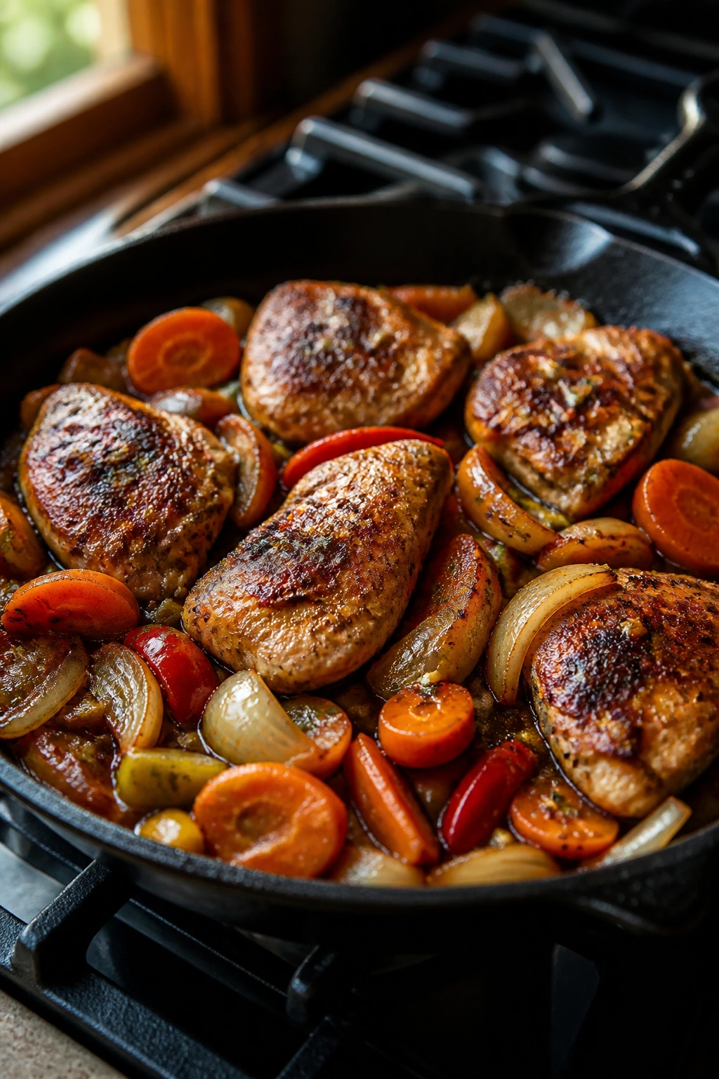 Close-up of skillet browned chicken and vegetables in a cast-iron pan