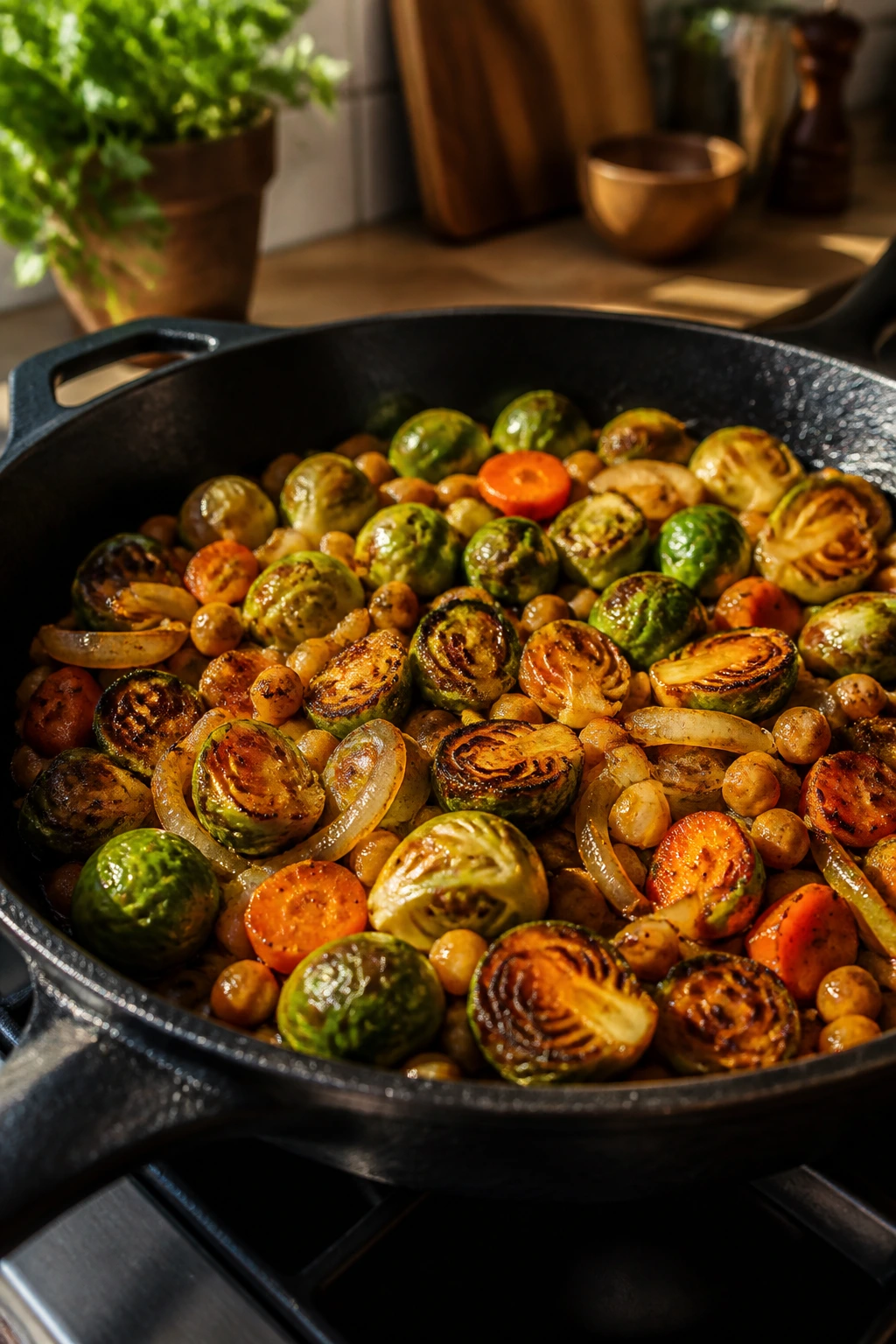 Close-up of a skillet browning onions and vegetables on a stove