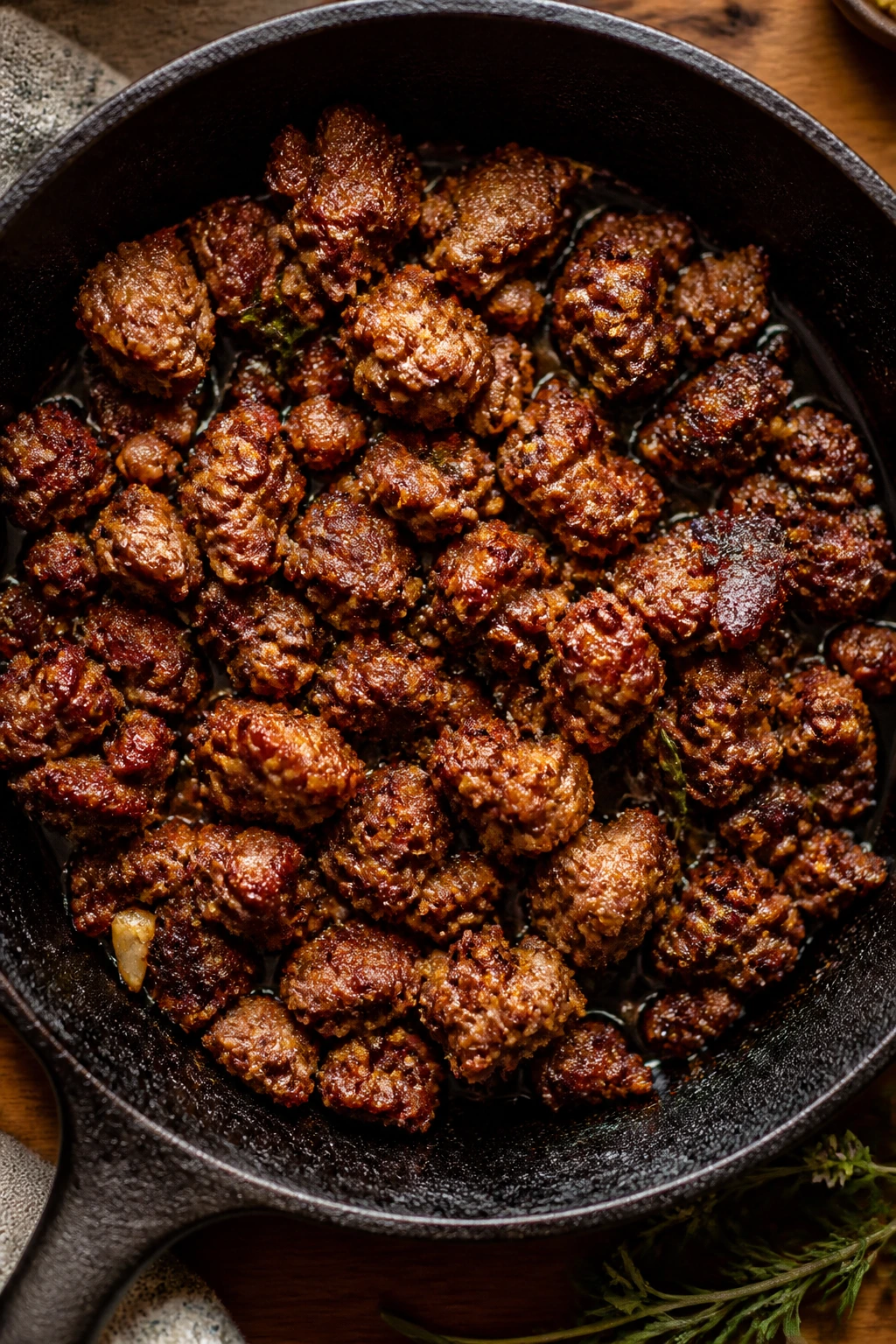 Top-down view of a skillet with browned sausage