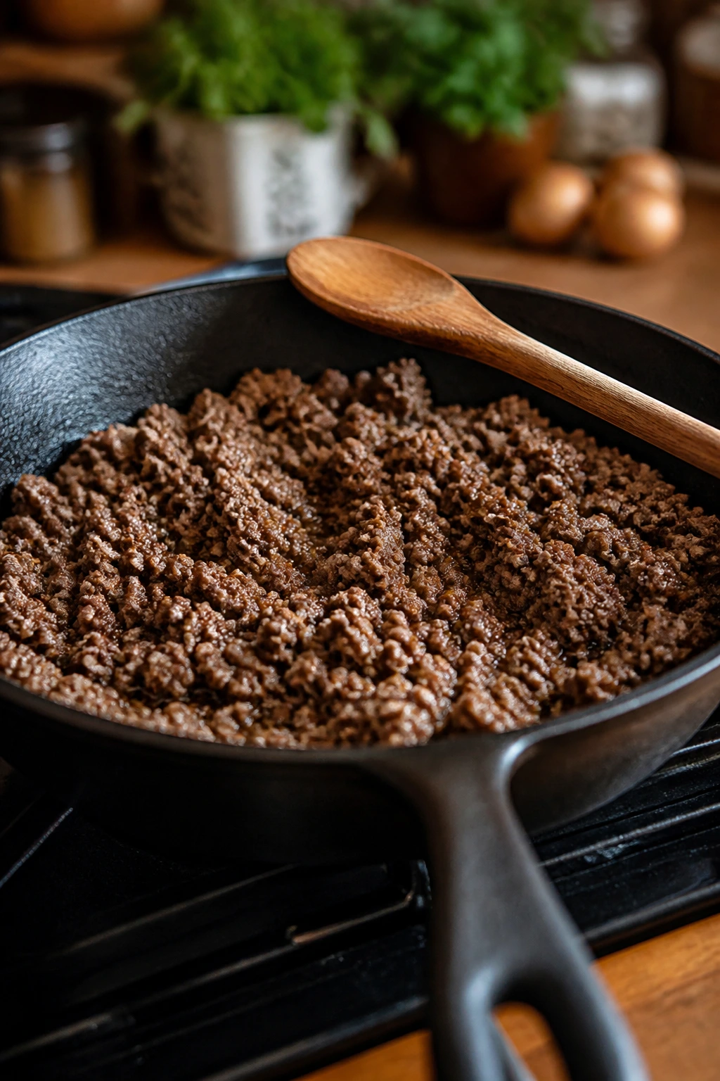 Skillet with browned beef and wooden spoon on kitchen counter