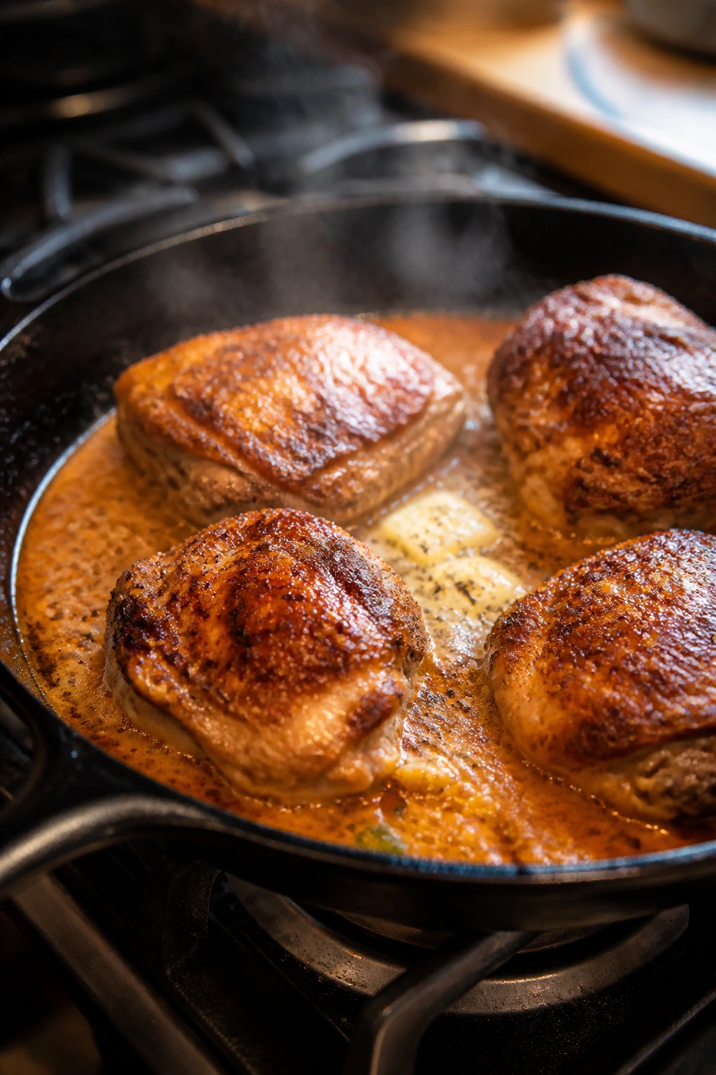 Searing chicken and developing sauce in a skillet