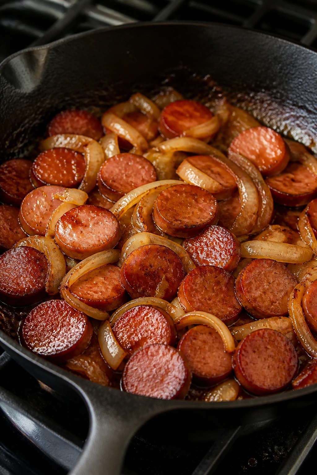 Skillet with sausage, onions and glaze