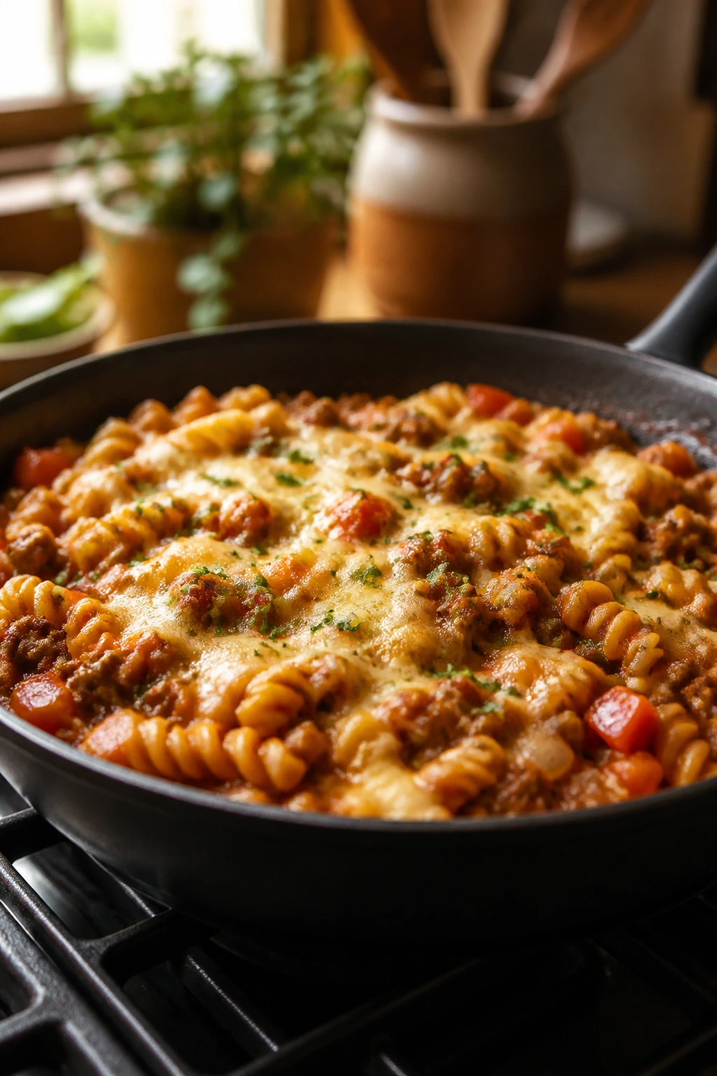 Skillet dominating the frame on a stove in a warm kitchen.