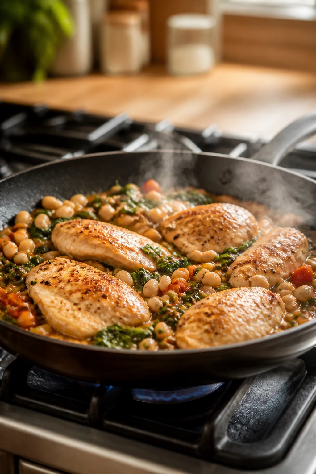 Skillet with chicken, beans, and vegetables cooking together on stove