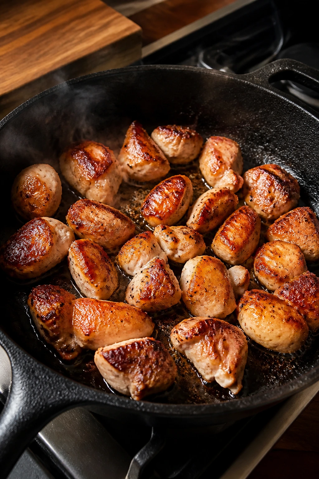 Close-up of browned chicken pieces sizzling in a skillet in a warm kitchen