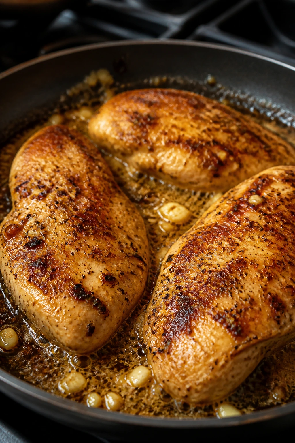 Skillet with browning chicken and garlic butter for garlic parmesan sauce