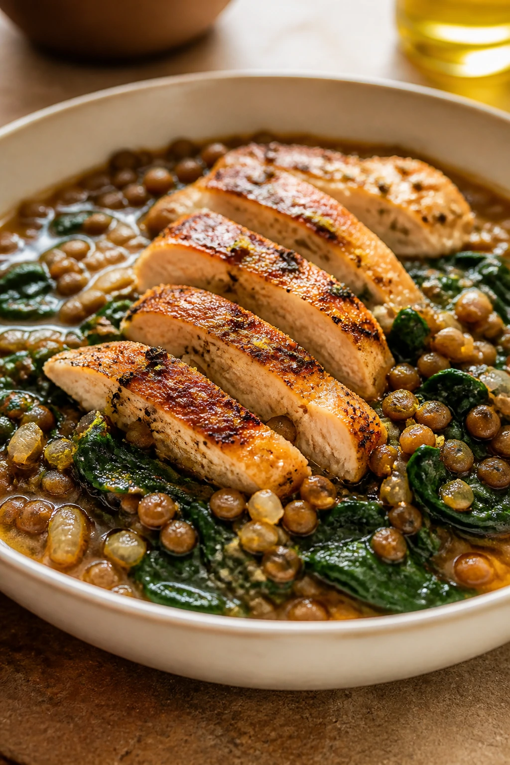Close-up of chicken and lentils with spinach in a bowl