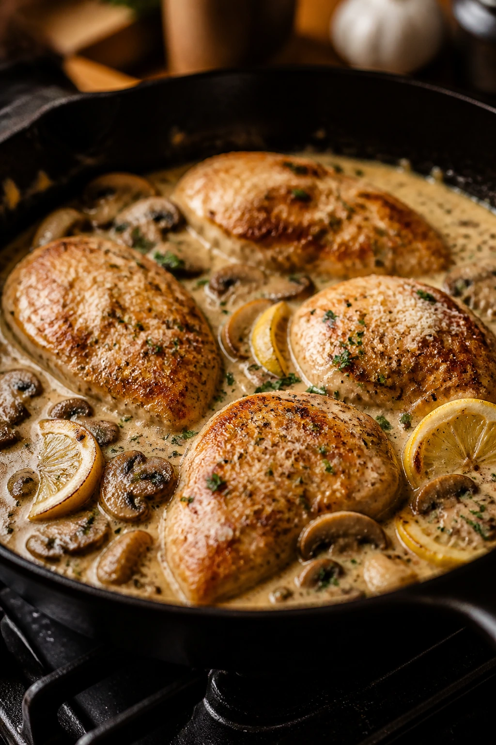 Close-up of a cast-iron skillet with creamy chicken and mushrooms