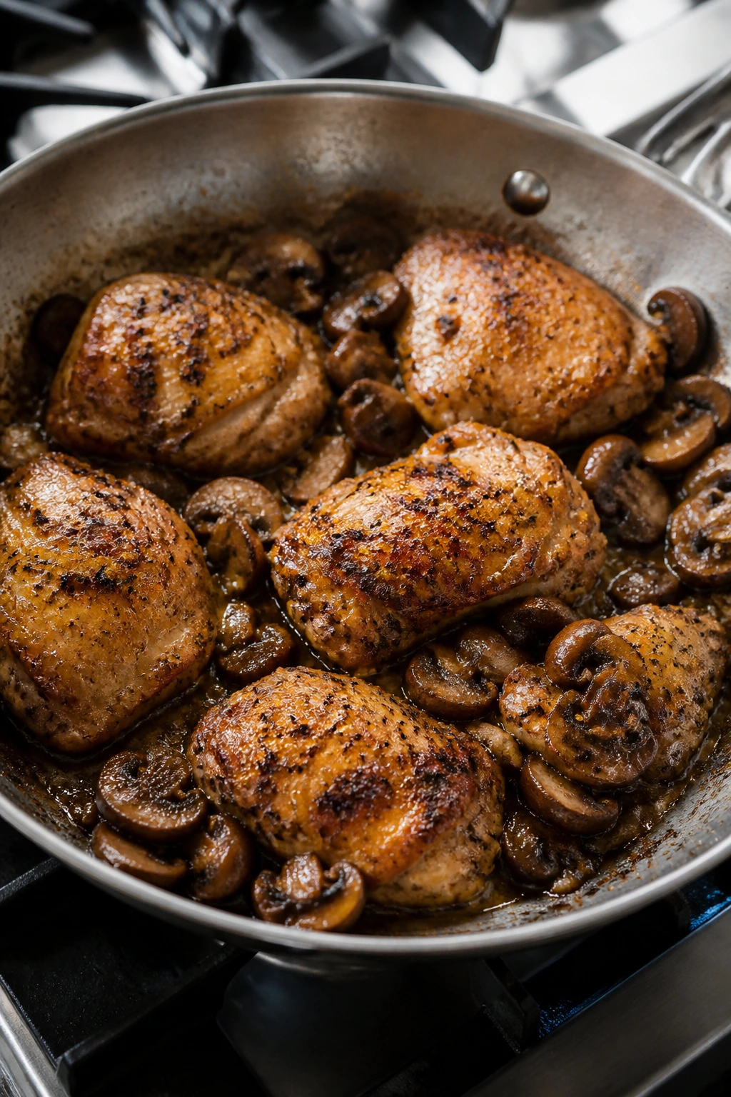 12-inch skillet with chicken and mushrooms on stove