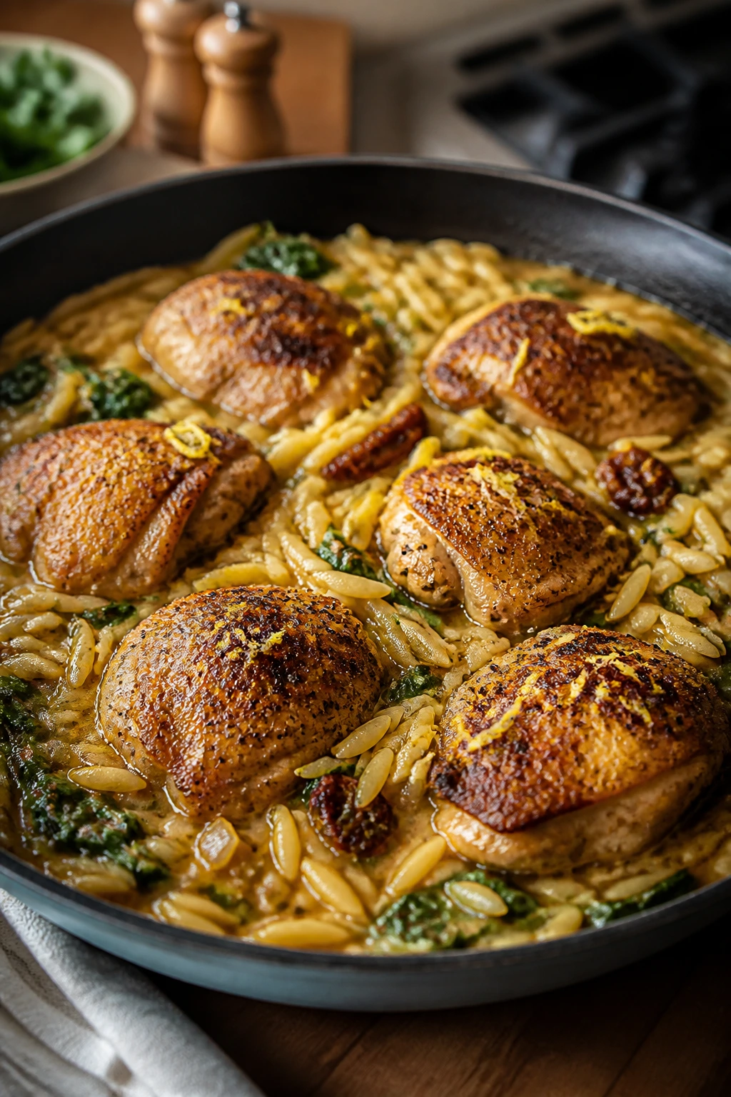 Skillet chicken and orzo in a single pan ready to cook