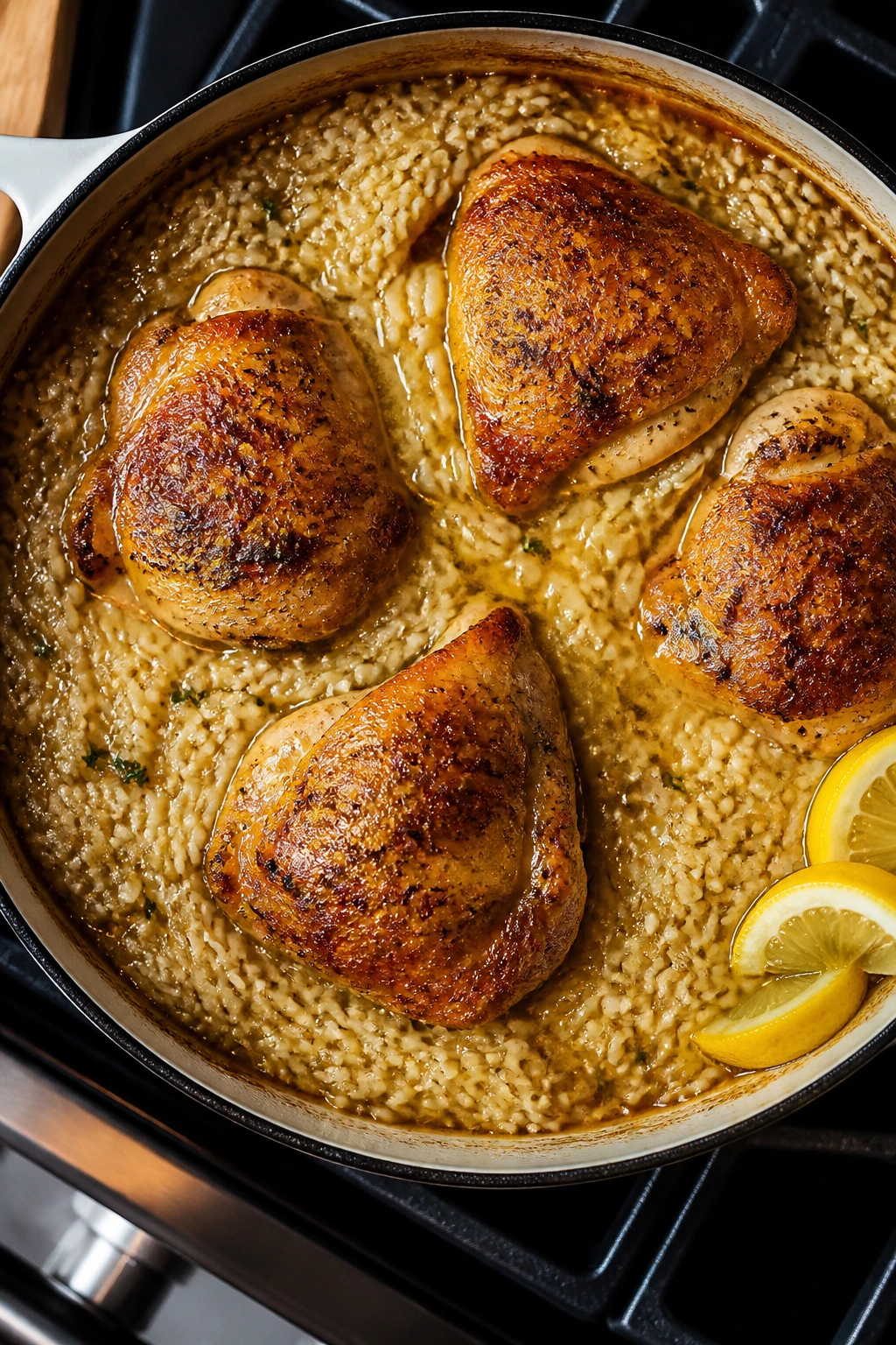 Close-up of skillet with chicken thighs and rice cooking in a kitchen