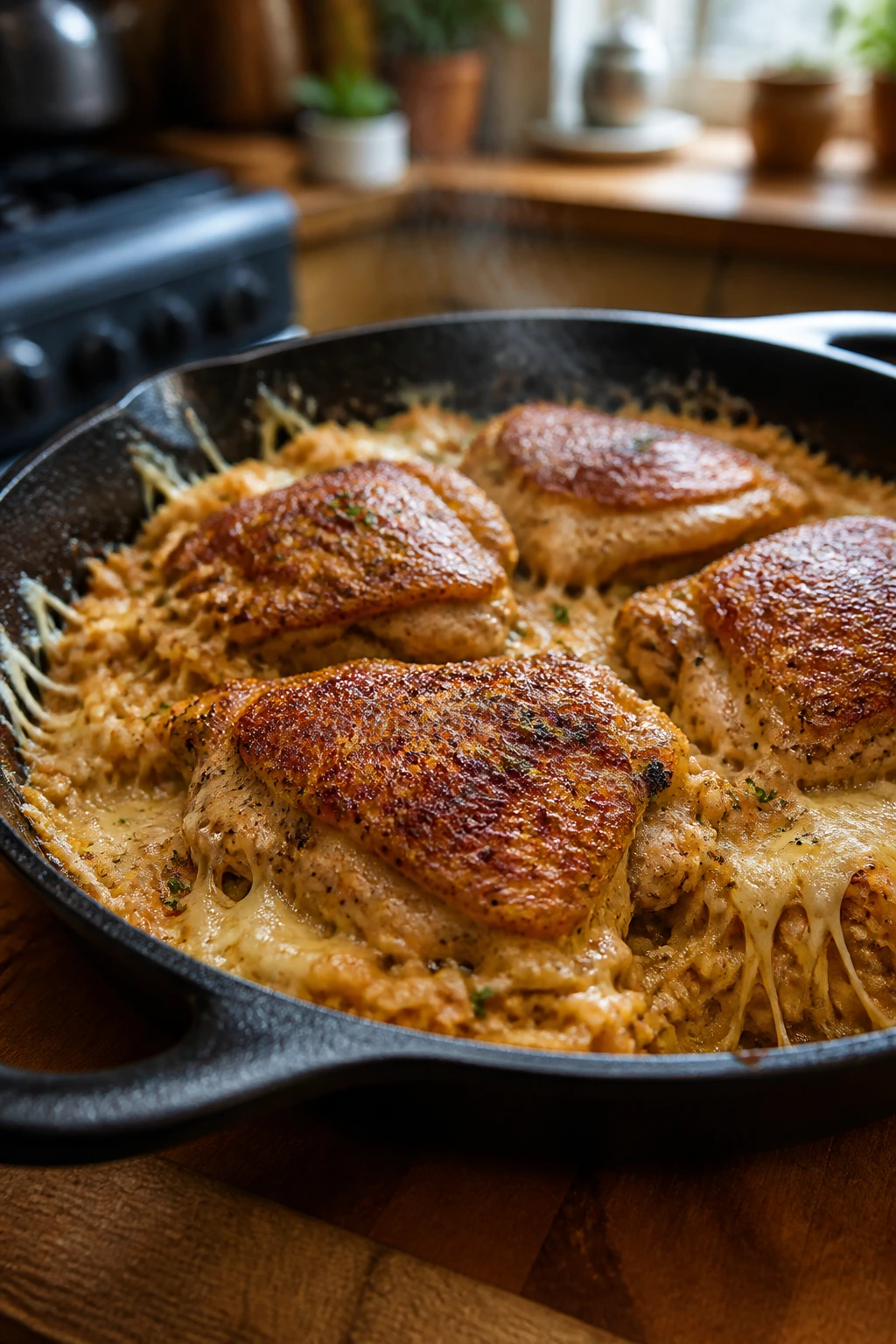 Close-up of a skillet with browned chicken and rice in a warm kitchen
