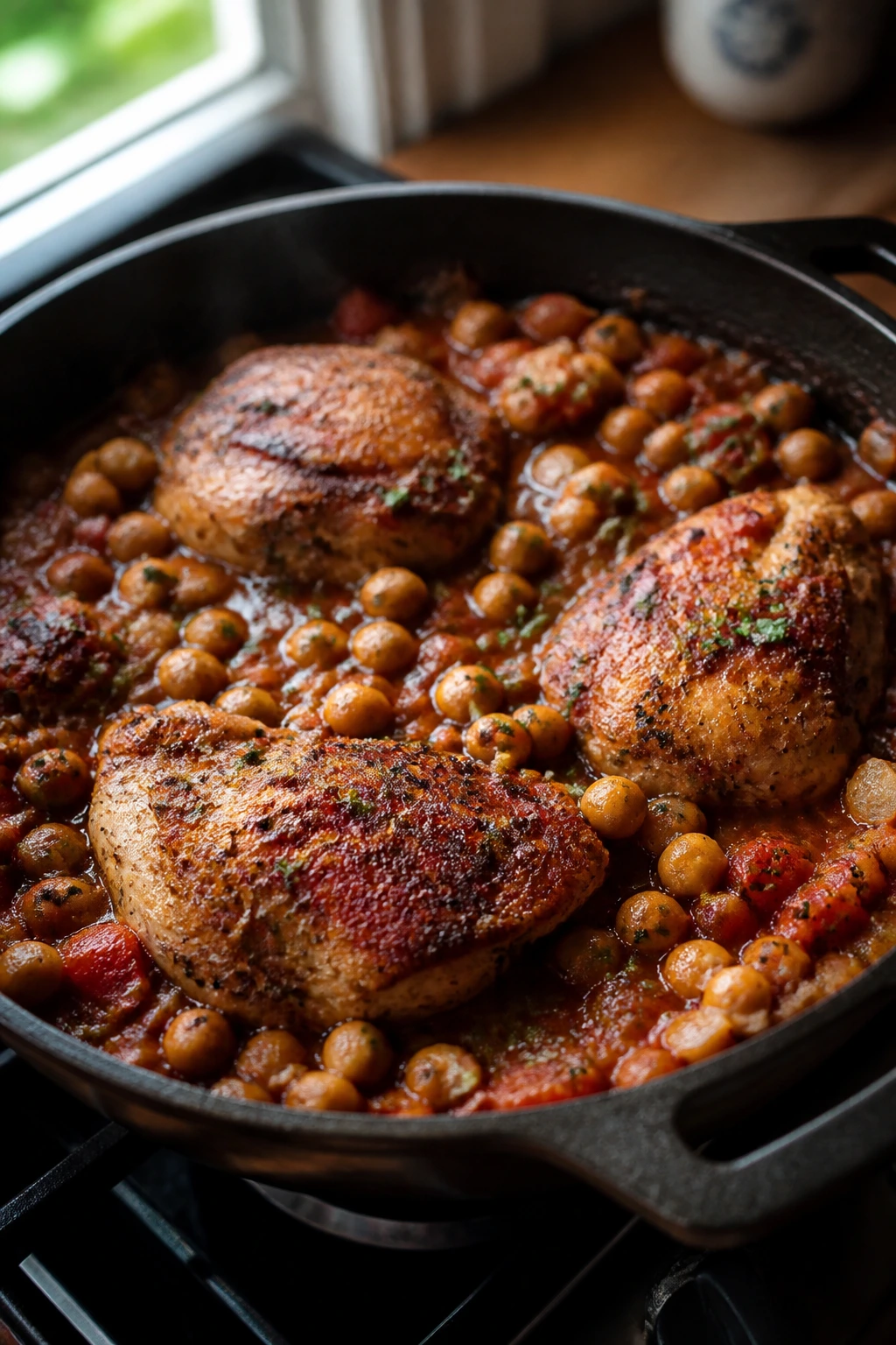 Close-up of a skillet with browned chicken and tomato-chickpea sauce on a stove