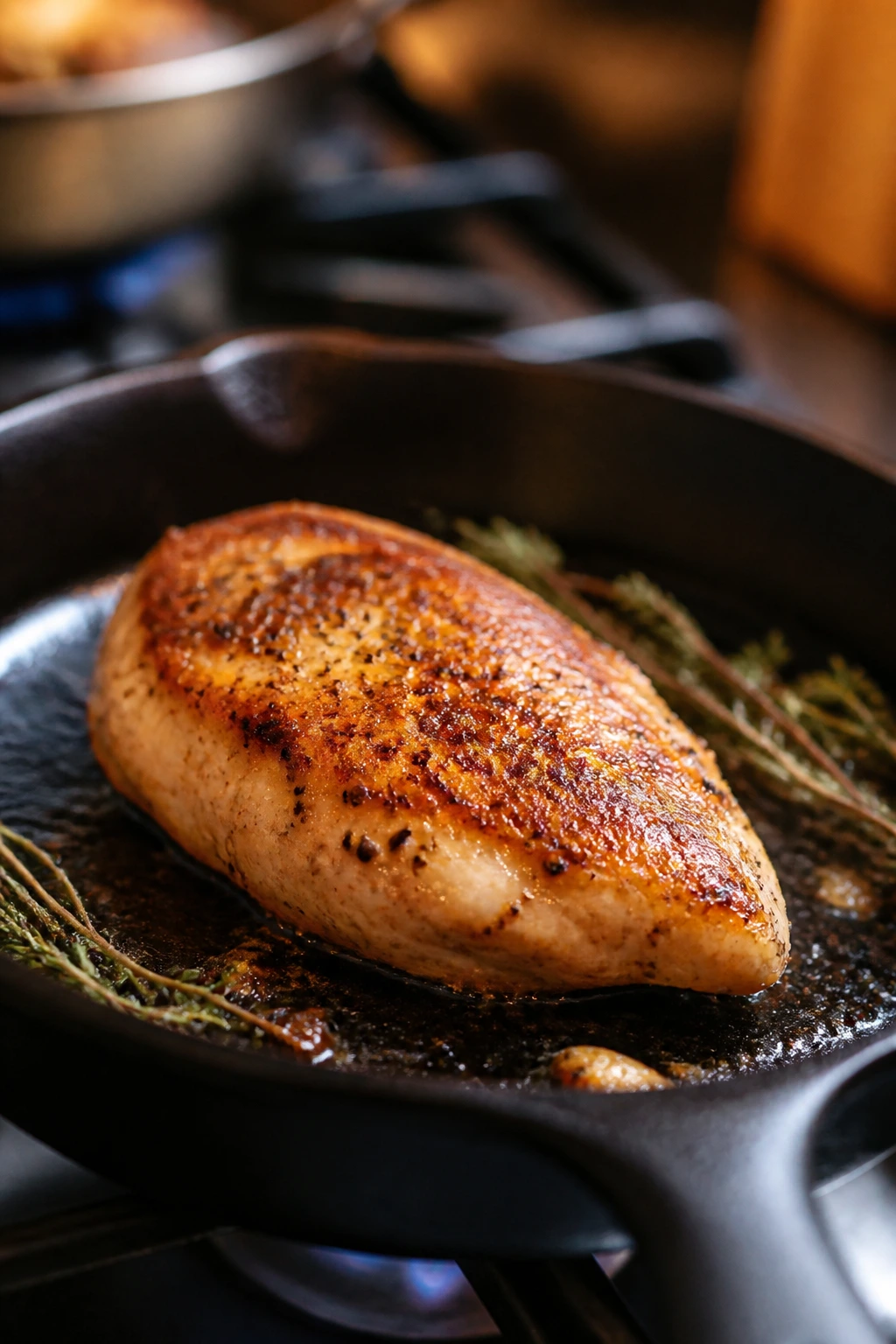Chicken breast seared in a hot skillet in a kitchen