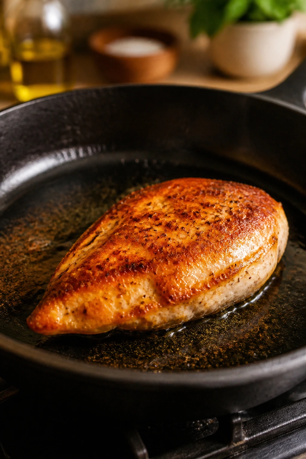 Searing chicken breast in skillet with golden crust